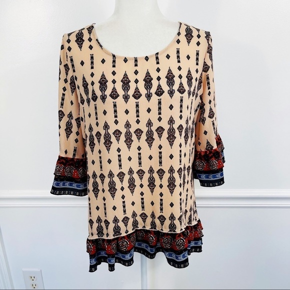 SIGNATURE STUDIO Cream Boho Lattice Strappy Back Ruffle Bell Sleeve Blouse SMALL - Picture 1 of 9